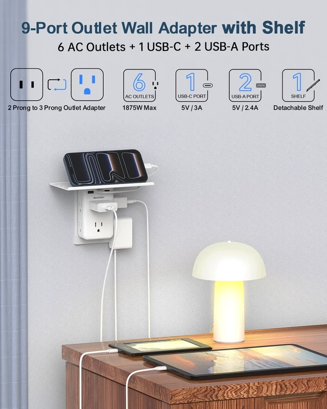 Alt view image 5 of 7 - 2 to 3 Prong Outlet Adapter with Shelf, 6 Outlets and 3 USB Ports Three-sided layout for older two-prong outlets with 2 USB-A and 1 USB-C ports. Shelf holds phones; no grounding provided