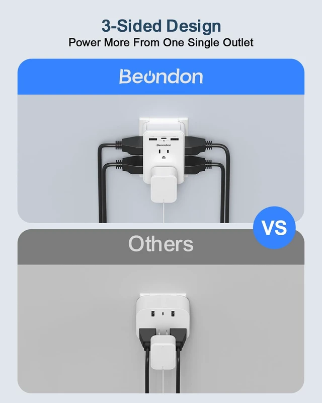 Alt view image 6 of 7 - 2 to 3 Prong Outlet Adapter with Shelf, 6 Outlets and 3 USB Ports Three-sided layout for older two-prong outlets with 2 USB-A and 1 USB-C ports. Shelf holds phones; no grounding provided