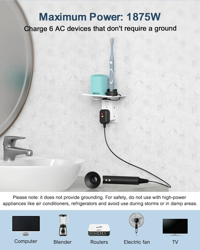 Alt view image 7 of 7 - 2 to 3 Prong Outlet Adapter with Shelf, 6 Outlets and 3 USB Ports Three-sided layout for older two-prong outlets with 2 USB-A and 1 USB-C ports. Shelf holds phones; no grounding provided