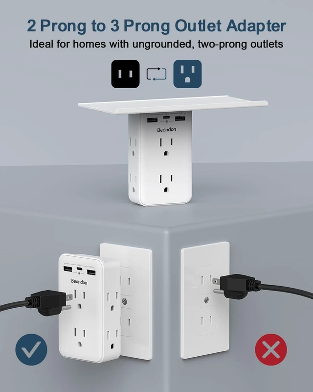 Alt view image 2 of 7 - 2 to 3 Prong Outlet Adapter with Shelf, 6 Outlets and 3 USB Ports Three-sided layout for older two-prong outlets with 2 USB-A and 1 USB-C ports. Shelf holds phones; no grounding provided