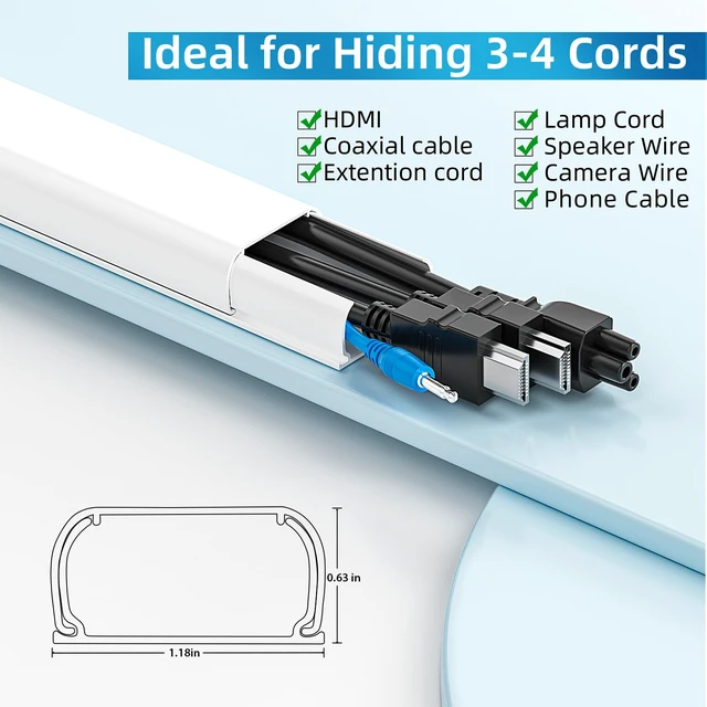 Alt view image 2 of 6 - 142in Wall Cord Hider for 3-4 Cords, W1.18in H0.63in, White Large Cord Covers for Wires on wall, On-Wall Cord Cover Cable Concealer