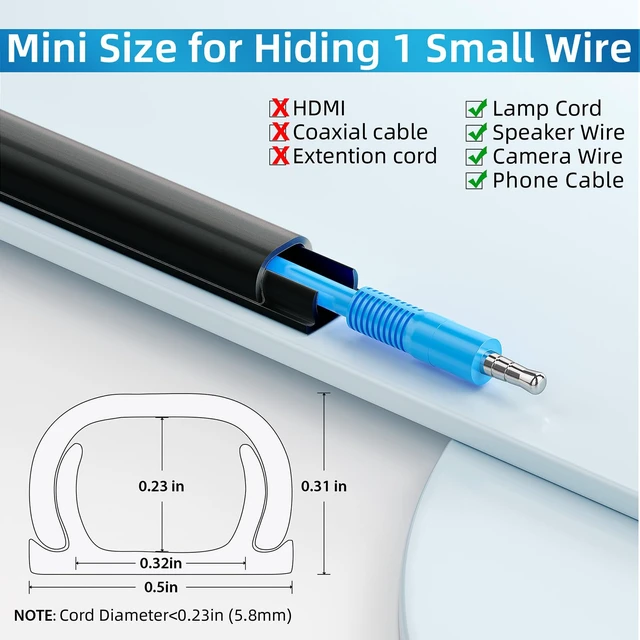 Alt view image 2 of 7 - 128in Mini Cord Hider, On-Wall Cord Cover, W0.5in H0.31in, Black Small Cord Covers for Wires on wall, Cable Management Hider for Single Wire