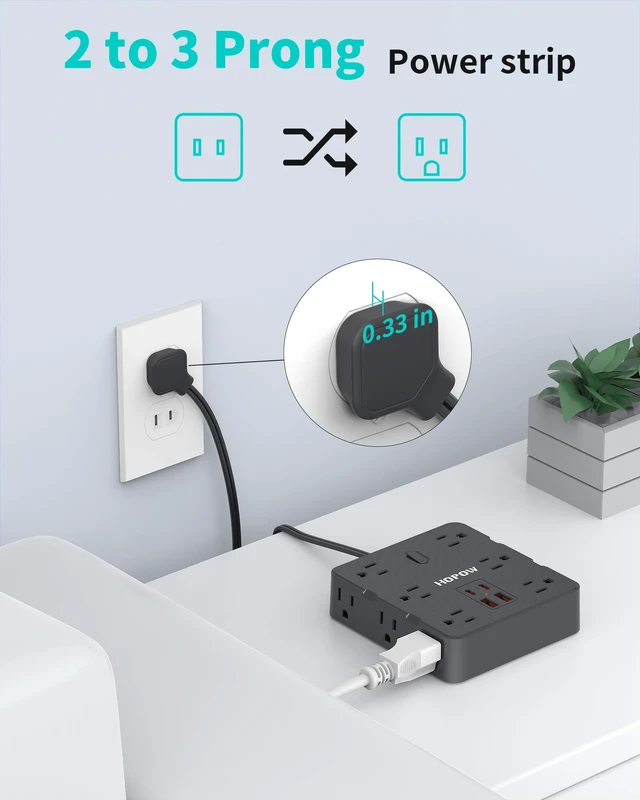 Alt view image 2 of 7 - 12Outlets 2 Prong Power Strip with 4USB, 6FT Extension Cord for Old House 1700 Joules, Wall Mountable, Flat Plug, 2 Prong to 3 Prong Outlet Adapter, Wide Spaced, Black, for Non-Grounded Outlets