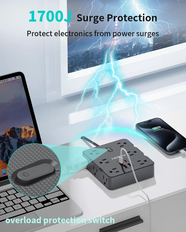 Alt view image 4 of 7 - 12Outlets 2 Prong Power Strip with 4USB, 6FT Extension Cord for Old House 1700 Joules, Wall Mountable, Flat Plug, 2 Prong to 3 Prong Outlet Adapter, Wide Spaced, Black, for Non-Grounded Outlets