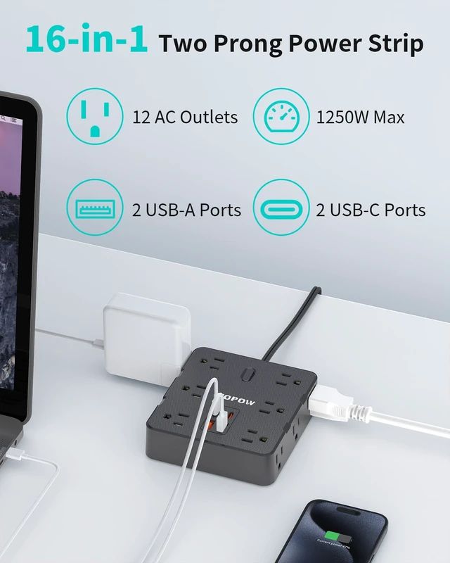 Alt view image 3 of 7 - 12Outlets 2 Prong Power Strip with 4USB, 6FT Extension Cord for Old House 1700 Joules, Wall Mountable, Flat Plug, 2 Prong to 3 Prong Outlet Adapter, Wide Spaced, Black, for Non-Grounded Outlets