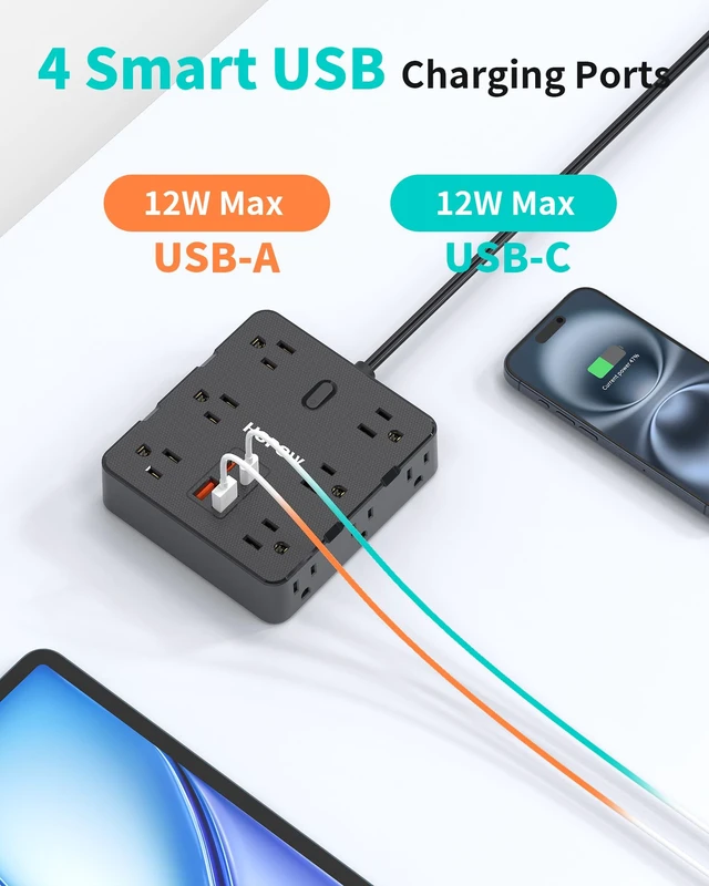 Alt view image 5 of 7 - 12Outlets 2 Prong Power Strip with 4USB, 6FT Extension Cord for Old House 1700 Joules, Wall Mountable, Flat Plug, 2 Prong to 3 Prong Outlet Adapter, Wide Spaced, Black, for Non-Grounded Outlets