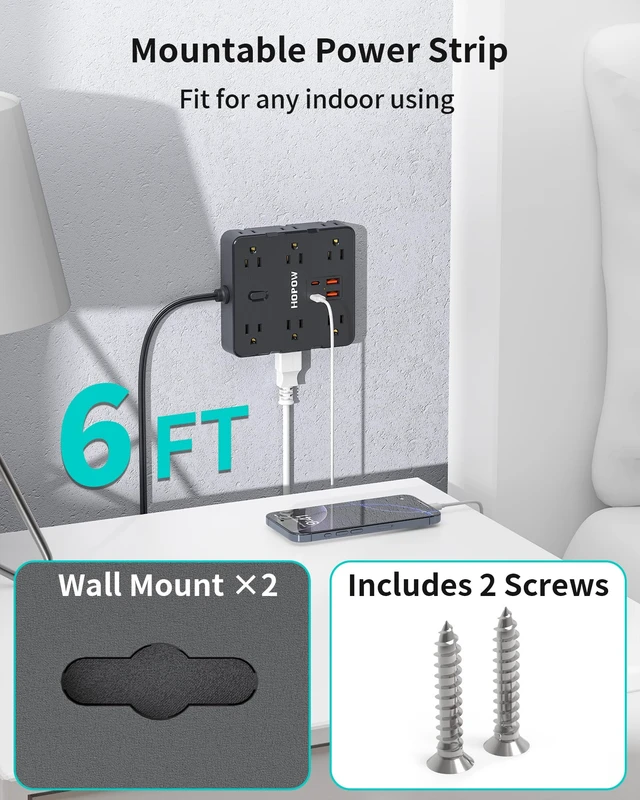 Alt view image 6 of 7 - 12Outlets 2 Prong Power Strip with 4USB, 6FT Extension Cord for Old House 1700 Joules, Wall Mountable, Flat Plug, 2 Prong to 3 Prong Outlet Adapter, Wide Spaced, Black, for Non-Grounded Outlets