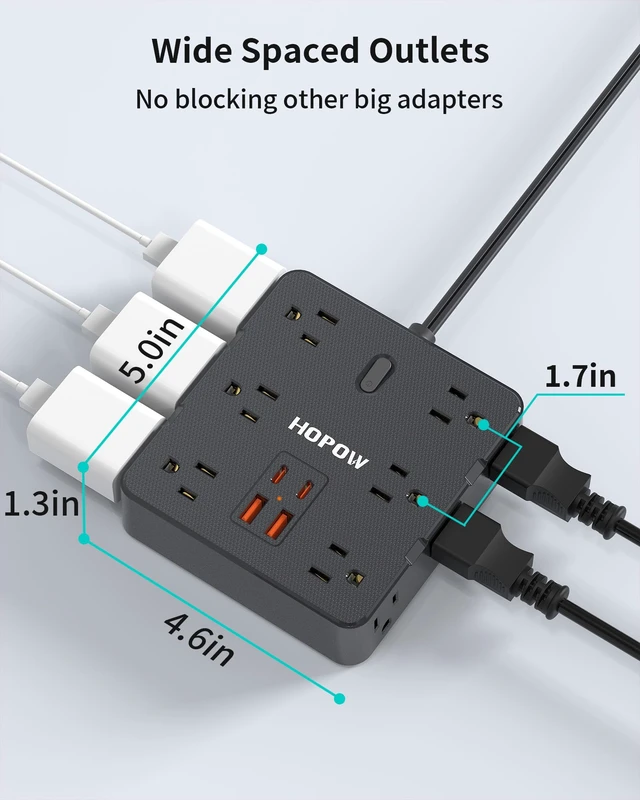 Alt view image 7 of 7 - 12Outlets 2 Prong Power Strip with 4USB, 6FT Extension Cord for Old House 1700 Joules, Wall Mountable, Flat Plug, 2 Prong to 3 Prong Outlet Adapter, Wide Spaced, Black, for Non-Grounded Outlets