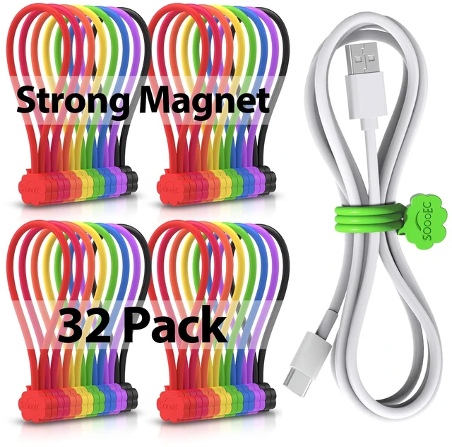 Main image of Magnetic Cable Ties 32 Pack, Cute Cloud 7.2" Silicone 8 Colors Strong Magnet Hold / Embedded Safe Magnet / Easy Slide Open / Soft Flex Silicone / Multi Use / Smiling Cloud / Fridge Magnet