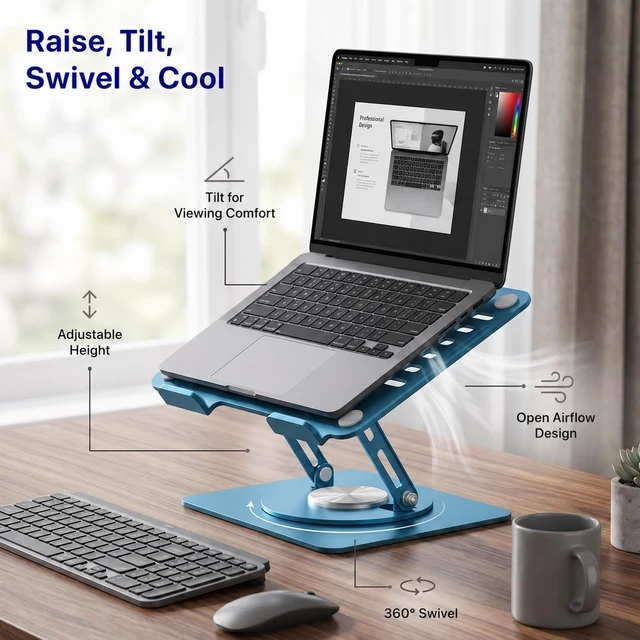 Alt view image 2 of 7 - Laptop Stand for Desk Riser/360° Swivel (Ocean Blue) Cooling airflow prevents overheating, adjustable tilt & swivel for comfort, folds flat for laptops, MacBooks & iPads