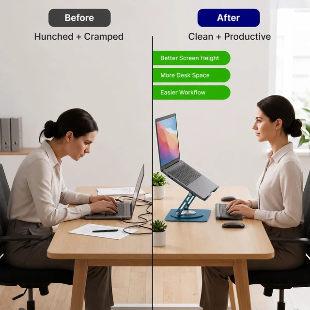 Alt view image 3 of 7 - Laptop Stand for Desk Riser/360° Swivel (Ocean Blue) Cooling airflow prevents overheating, adjustable tilt & swivel for comfort, folds flat for laptops, MacBooks & iPads