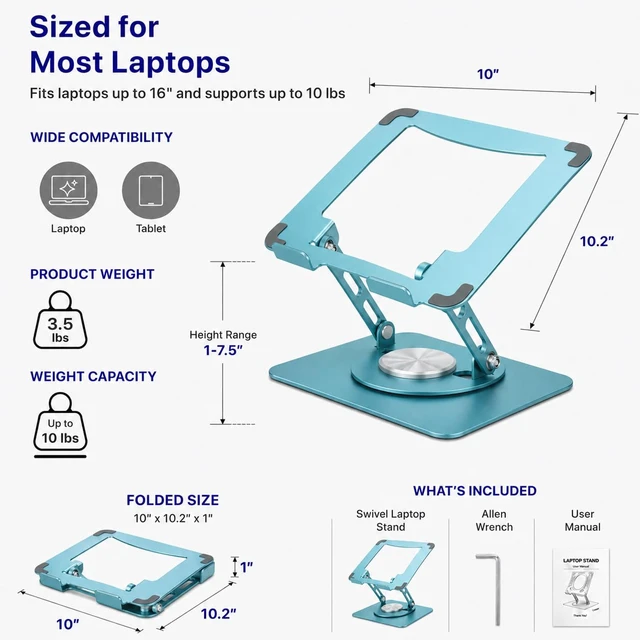 Alt view image 5 of 7 - Laptop Stand for Desk Riser/360° Swivel (Ocean Blue) Cooling airflow prevents overheating, adjustable tilt & swivel for comfort, folds flat for laptops, MacBooks & iPads
