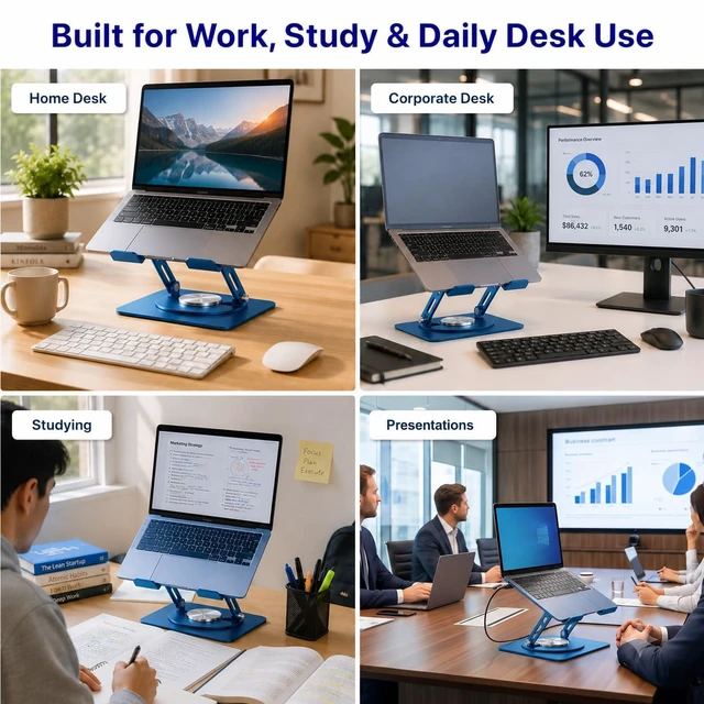 Alt view image 7 of 7 - Laptop Stand for Desk Riser/360° Swivel (Ocean Blue) Cooling airflow prevents overheating, adjustable tilt & swivel for comfort, folds flat for laptops, MacBooks & iPads