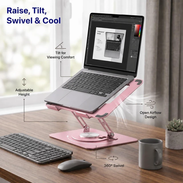 Alt view image 2 of 7 - Swivel Laptop Stand for Desk, 360 Riser, Brushed Pink Height and tilt both adjust, works as a computer and tablet stand for home office, dorm and shared workspaces