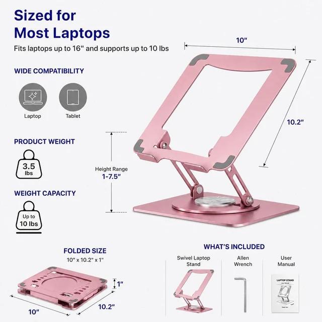 Alt view image 5 of 7 - Swivel Laptop Stand for Desk, 360 Riser, Brushed Pink Height and tilt both adjust, works as a computer and tablet stand for home office, dorm and shared workspaces