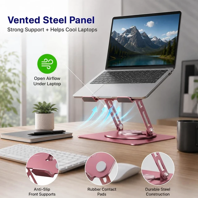 Alt view image 6 of 7 - Swivel Laptop Stand for Desk, 360 Riser, Brushed Pink Height and tilt both adjust, works as a computer and tablet stand for home office, dorm and shared workspaces