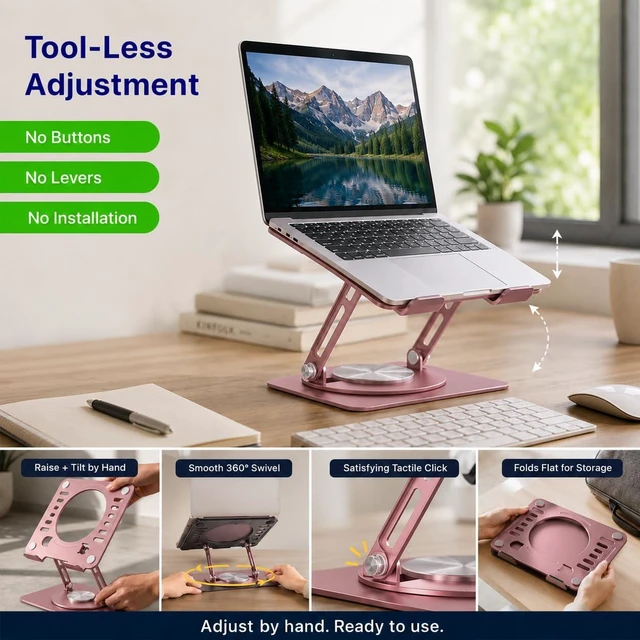Alt view image 4 of 7 - Swivel Laptop Stand for Desk, 360 Riser, Brushed Pink Height and tilt both adjust, works as a computer and tablet stand for home office, dorm and shared workspaces