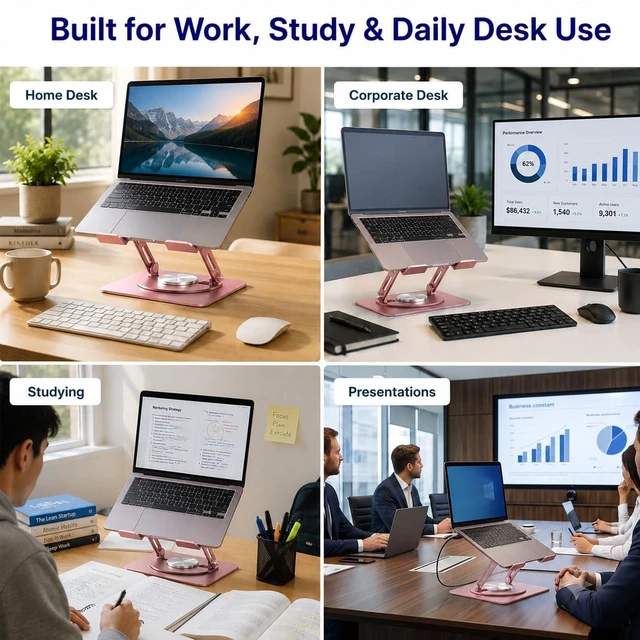 Alt view image 7 of 7 - Swivel Laptop Stand for Desk, 360 Riser, Brushed Pink Height and tilt both adjust, works as a computer and tablet stand for home office, dorm and shared workspaces