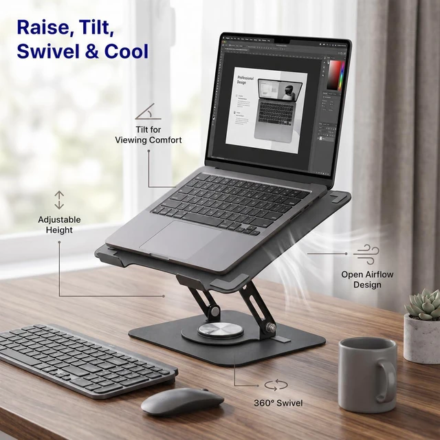 Alt view image 3 of 7 - Laptop Stand for Desk Riser/360° Swivel (Black) Cooling airflow prevents overheating, adjustable tilt & swivel for comfort, folds flat for laptops, MacBooks & iPads