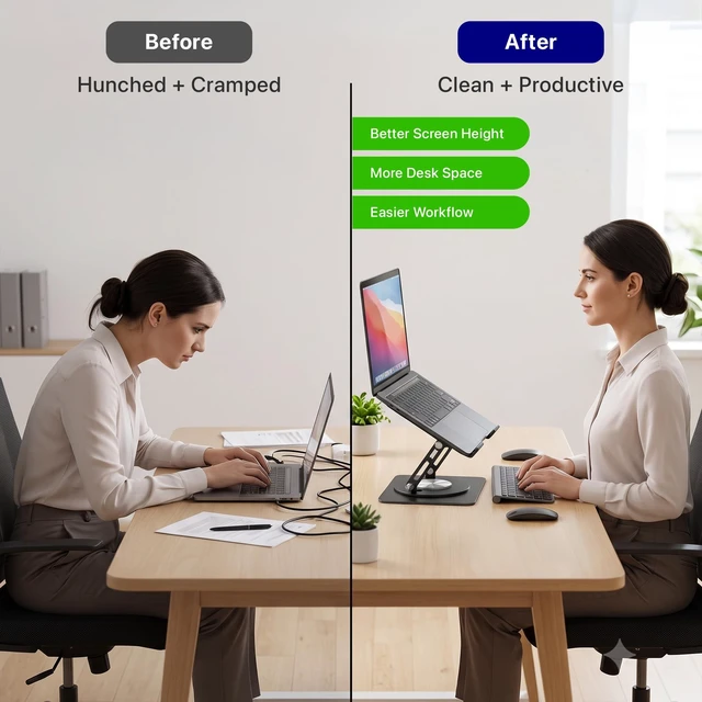 Alt view image 4 of 7 - Laptop Stand for Desk Riser/360° Swivel (Black) Cooling airflow prevents overheating, adjustable tilt & swivel for comfort, folds flat for laptops, MacBooks & iPads