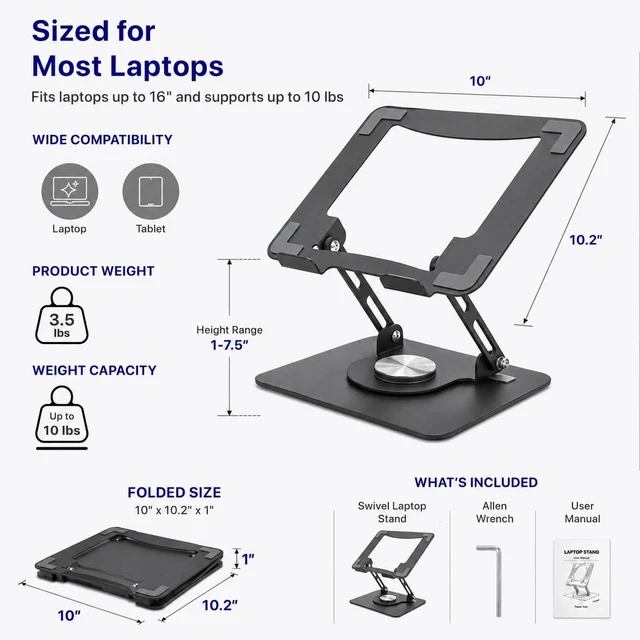Alt view image 6 of 7 - Laptop Stand for Desk Riser/360° Swivel (Black) Cooling airflow prevents overheating, adjustable tilt & swivel for comfort, folds flat for laptops, MacBooks & iPads