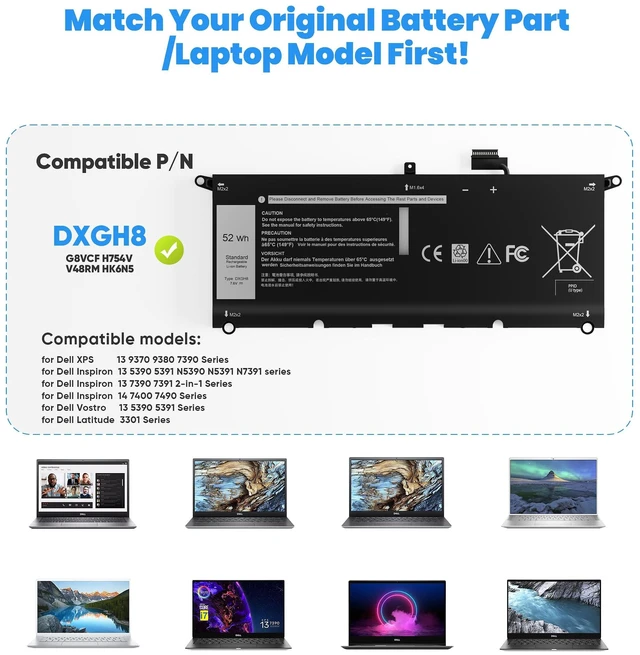 Alt view image 2 of 7 - 52Wh DXGH8 7.6V Battery for Dell XPS 13 9370 9380 Inspiron 13 7390 7391 2-in-1 5390 5391 14 7490 Latitude 3301 Vostro 13 5390 5391 G8VCF H754V 0H754V V48RM HK6N5 P82G P82G002 P113G P114G P115G 4 Cell