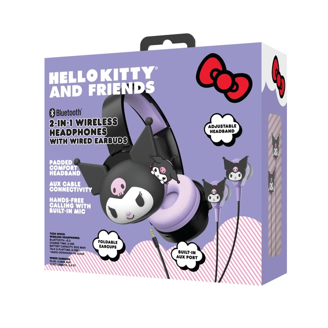 Alt view image 6 of 6 - 2-in-1 Wireless Bluetooth Headphones with Wired Earbuds Foldable Over-Ear Headset with Built-in Mic, AUX Cable, Adjustable Headband, and Onboard Controls Kuromi