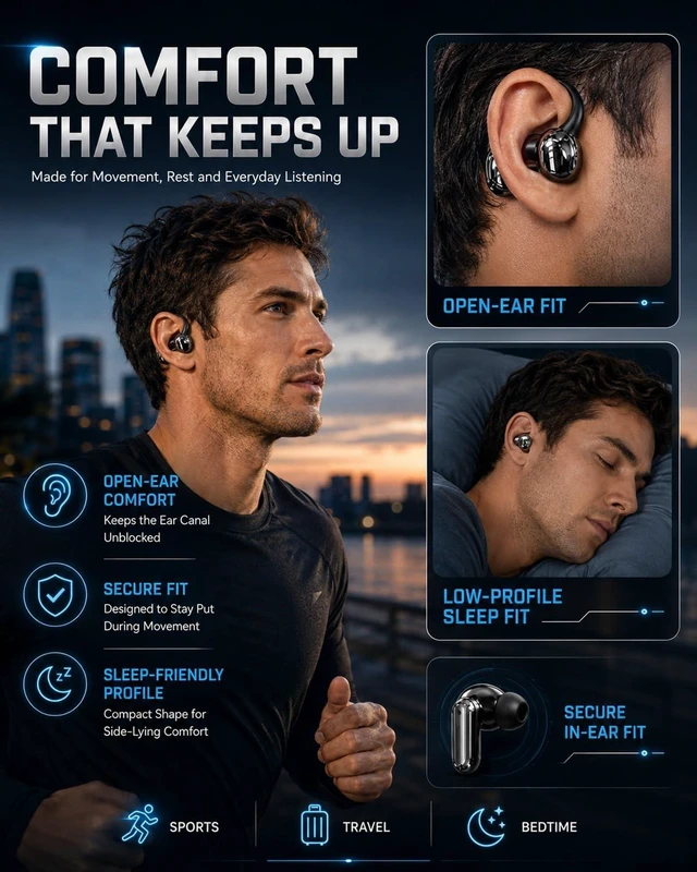 Alt view image 6 of 7 - 3-in-1 Bluetooth Wireless Earbuds with Chargeable Power Bank Case Interchangeable Clip-On, in-Ear & Sleep Earphones, APP EQ, LED Display, Low Latency Headphones for Sports and Travel(Black)