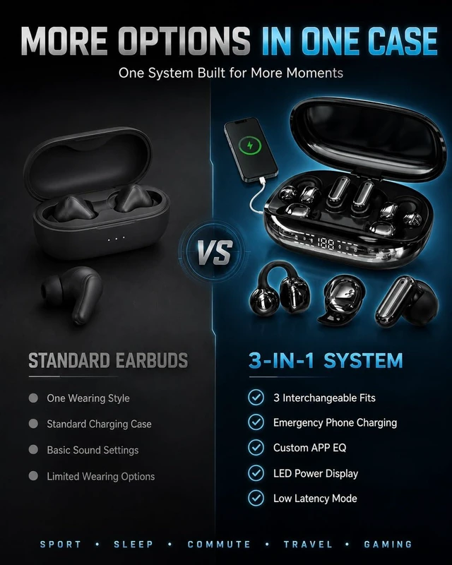 Alt view image 7 of 7 - 3-in-1 Bluetooth Wireless Earbuds with Chargeable Power Bank Case Interchangeable Clip-On, in-Ear & Sleep Earphones, APP EQ, LED Display, Low Latency Headphones for Sports and Travel(Black)