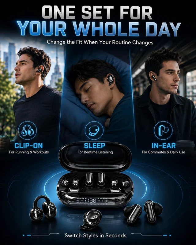 Alt view image 3 of 7 - 3-in-1 Bluetooth Wireless Earbuds with Chargeable Power Bank Case Interchangeable Clip-On, in-Ear & Sleep Earphones, APP EQ, LED Display, Low Latency Headphones for Sports and Travel(Black)