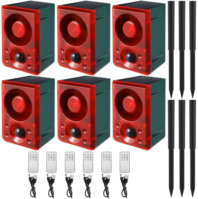 Main image of 6 Pcs Solar Outdoor Motion Sensor Alarm with Stake Gunshot Sound Dog Barking 3 Modes Support Recording & Adjustable Volume USB Charging 129 dB Loud Noise Maker for Animal Deterrent, Red