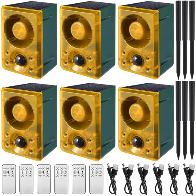Main image of 6 Pcs Solar Outdoor Motion Sensor Alarm with Stake 129 dB, Yellow Gunshot Sound Dog Barking 3 Modes Support Recording Adjustable Volume USB Charging Loud Noise Maker for Animal Deterrent