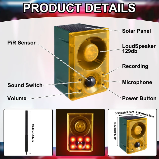 Alt view image 2 of 7 - 4 Pcs Solar Outdoor Motion Sensor Alarm with Stake 129 dB, Yellow Gunshot Sound Dog Barking 3 Modes Support Recording Adjustable Volume USB Charging Loud Noise Maker for Animal Deterrent