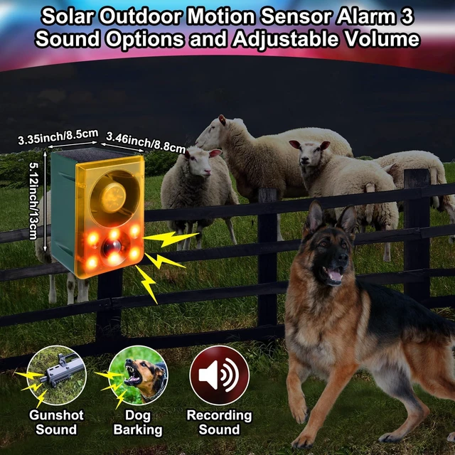Alt view image 3 of 7 - 4 Pcs Solar Outdoor Motion Sensor Alarm with Stake 129 dB, Yellow Gunshot Sound Dog Barking 3 Modes Support Recording Adjustable Volume USB Charging Loud Noise Maker for Animal Deterrent