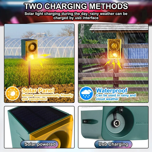 Alt view image 7 of 7 - 4 Pcs Solar Outdoor Motion Sensor Alarm with Stake 129 dB, Yellow Gunshot Sound Dog Barking 3 Modes Support Recording Adjustable Volume USB Charging Loud Noise Maker for Animal Deterrent