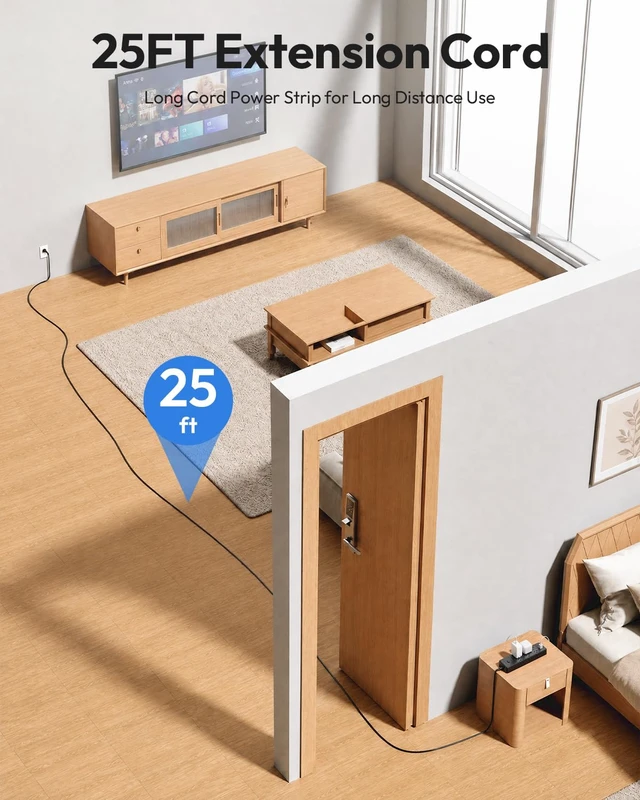 Alt view image 2 of 7 - 4000J Surge Protector Power Strip, 25 FT Long Extension Cord with 12 Outlets & 4 USB Ports (2 USB C), 3 Side Multiple Outlet Extender, Wall Mounted for Home Office