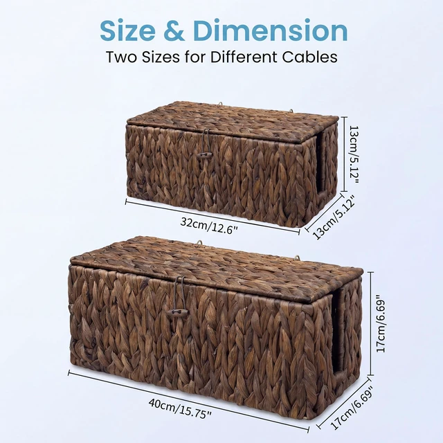 Alt view image 2 of 7 - 2 Pack Water Hyacinth Floor Cord Covers with Lid, Hand-Woven Cable Management Box, 2 Open Slots Cord Box to to Hide USB Wire, Power Strip & Charger for Home & Office and Dorm, Brown