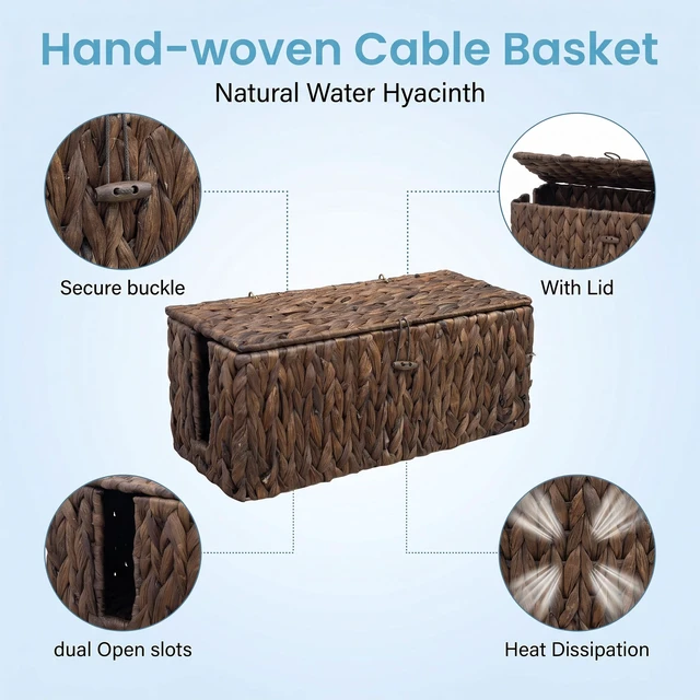 Alt view image 3 of 7 - 2 Pack Water Hyacinth Floor Cord Covers with Lid, Hand-Woven Cable Management Box, 2 Open Slots Cord Box to to Hide USB Wire, Power Strip & Charger for Home & Office and Dorm, Brown