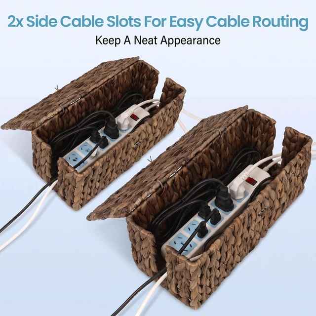 Alt view image 4 of 7 - 2 Pack Water Hyacinth Floor Cord Covers with Lid, Hand-Woven Cable Management Box, 2 Open Slots Cord Box to to Hide USB Wire, Power Strip & Charger for Home & Office and Dorm, Brown