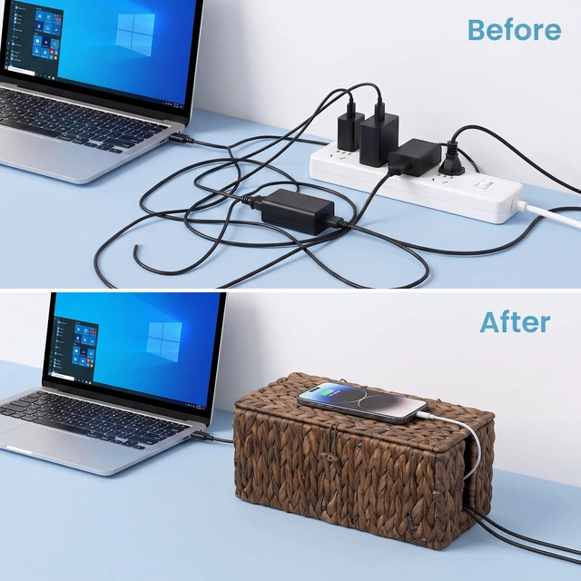 Alt view image 6 of 7 - 2 Pack Water Hyacinth Floor Cord Covers with Lid, Hand-Woven Cable Management Box, 2 Open Slots Cord Box to to Hide USB Wire, Power Strip & Charger for Home & Office and Dorm, Brown