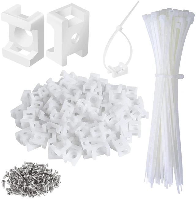 Main image of 100 Pcs Cable Zip Tie Saddle Type Mounts Base with 8" Cable Ties Tapping Screw, Wire Cable Clips Organizer Holders Clamps White