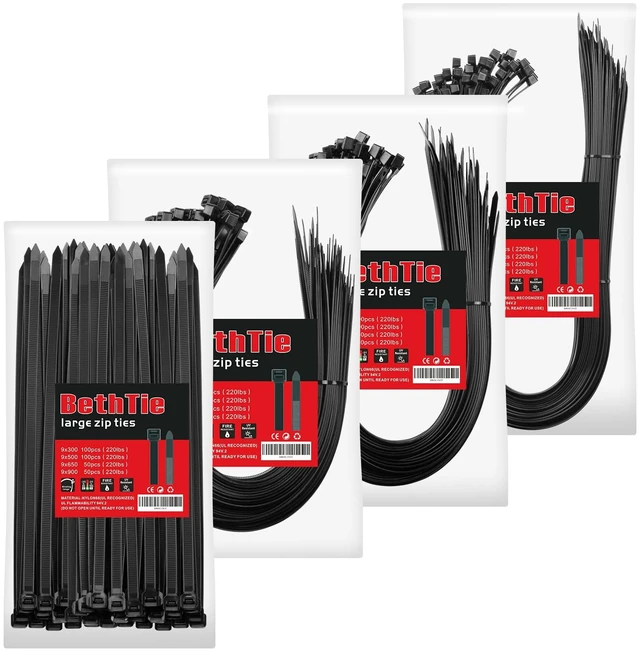 Main image of 300 Pcs Black Zip Ties Assorted Sizes 12"+20"+26"+36" 220 LBS Heavy Duty Zip Ties, Ultra Strong Plastic Wire Ties UV Resistant, Extra Long Wire Ties, Big Tie Wraps
