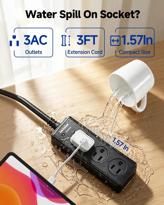 Alt view image 2 of 7 - Outdoor Power Strip Weatherproof, 3FT Extension Cord, 3 AC Outlets 1625W/13A,IPX6 Waterproof Extension Cord for Backyard, Patio, Home Office, Garage, Workshop, Camping,Pool, Wall Mountable