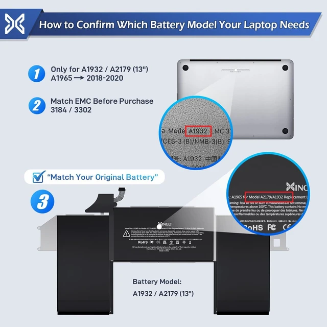 Alt view image 2 of 7 - A1932 A2179 Battery Replacement A1965 Battery for MacBook Air 13 inch Retina A1932 (Year 2018-2019) Laptop Battery for MacBook Air 13 Inch A2179 (2020)(Upgraded Versions)