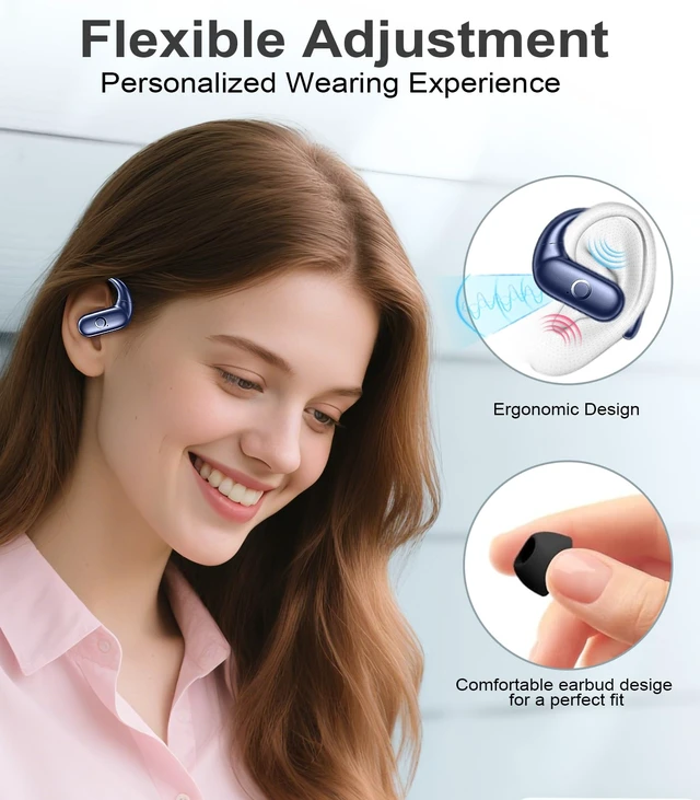 Alt view image 3 of 7 - Wireless Earbuds Bluetooth Headphones Sport,Over Ear Buds with Deep Bass Sound,60Hrs Playtime Earphones Redesigned Comfort Fit with Earhooks for Running,Meeting,Workout- Blue