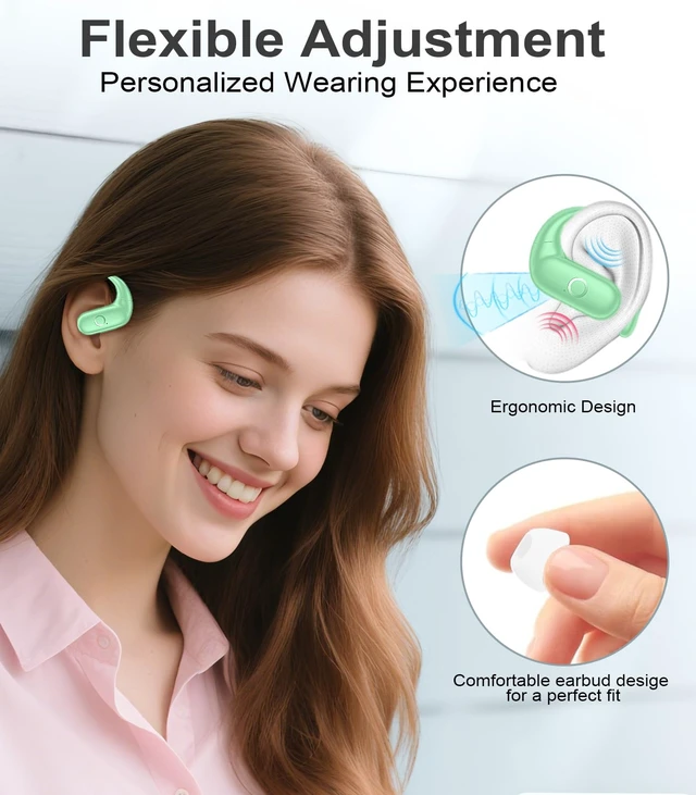 Alt view image 3 of 7 - Wireless Earbuds Bluetooth Headphones Sport,Over Ear Buds with Deep Bass Sound,60Hrs Playtime Earphones Redesigned Comfort Fit with Earhooks for Running,Meeting,Workout- Green