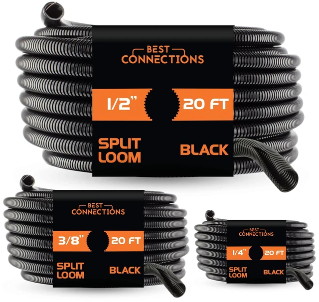 Main image of 3-Pack (1/4", 3/8", 1/2" x 20 ft Each) Assorted Split Wire Loom Flex-Guard Convoluted Tubing Protective Split Cable Sleeves/Conduit for Automotive Home Industrial Electrical Black