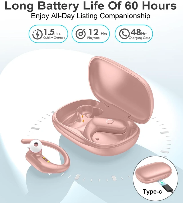 Alt view image 4 of 7 - Wireless Earbuds Bluetooth Headphones Sport,Over Ear Buds with Deep Bass Sound,60Hrs Playtime Earphones Redesigned Comfort Fit with Earhooks for Running,Meeting,Workout- Pure Pink