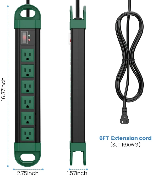 Alt view image 2 of 7 - Outdoor Power Strip Weatherproof, 2700J Surge Protector, Green 6Ft IPX6 Waterproof 6 Plug Extender Port, Exterior Long Extension Cord with Multiple Outlets for Garden, Christmas Decor