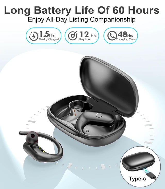 Alt view image 4 of 7 - Wireless Earbuds Bluetooth Headphones Sport,Over Ear Buds with Deep Bass Sound,60Hr Playtime Earphones Redesigned Comfort Fit with Earhooks for Running,Meeting,Workout-Black